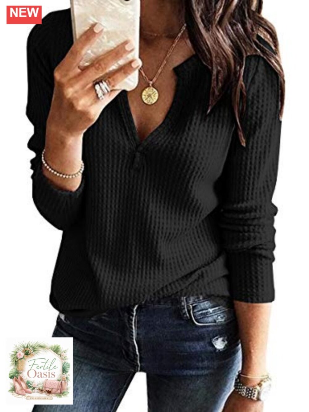 Womens Long Sleeve Waffle Knit Pullover Sweater Henley V Neck Casual Loose Fit
